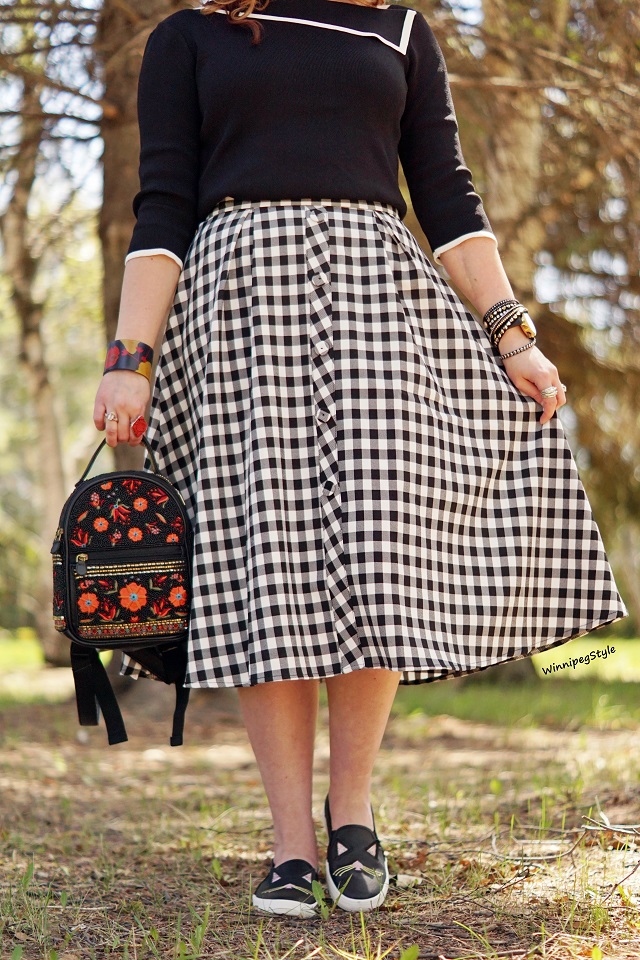 Winnipeg Style, Canadian fashion stylist blog blogger, Chicwish gingham black white check print midi skirt retro high waisted, Chicwish asymmetrical neck summer sweater black white, Mary Frances floral beaded embroidred leather mini backpack, Kate Spade for Keds cat face sneakers